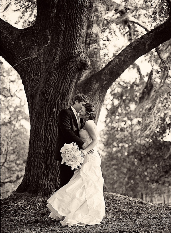 groom holding bride while whispering in her ear -  standing at the base of a large tree -photo by North Carolina wedding photographer Richard Israel 